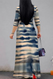 Blue Casual Tie Dye Print With Belt V Neck Three Quarter Ankle Length A Line Vacation Loose Straight Maxi Dress