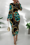 Red Casual Chain Print O Neck Long Sleeve Bodycon Maxi Dresses