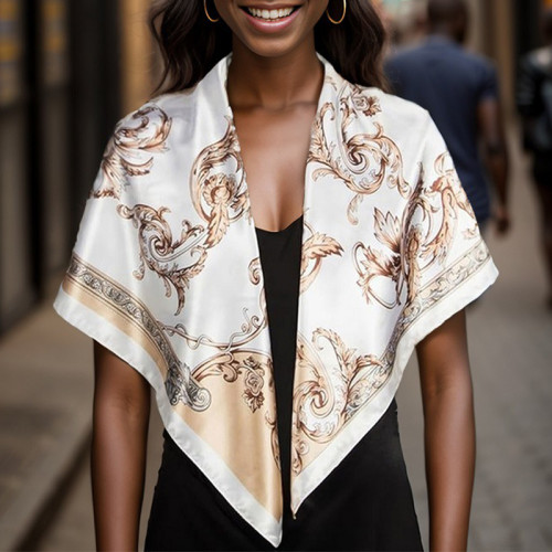 White Daily Floral Print Silk Head Scarf