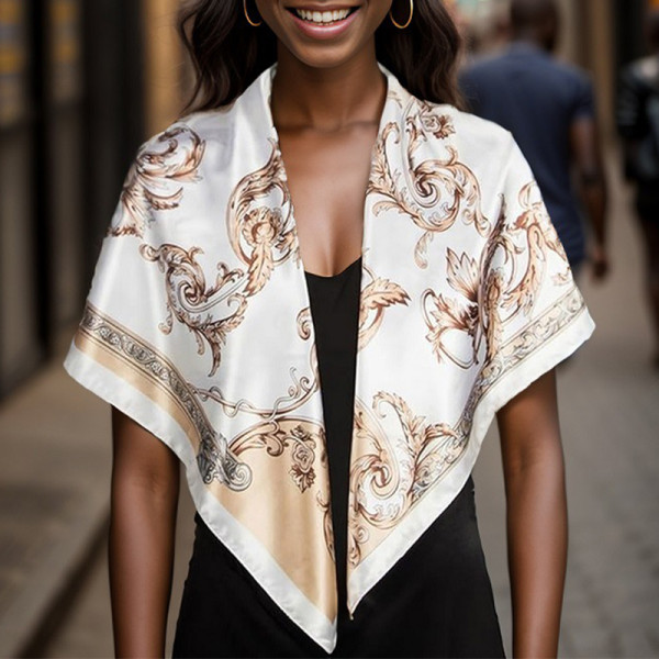 White Daily Floral Print Silk Head Scarf