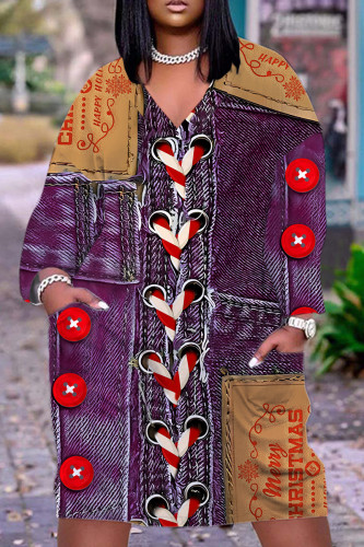 Purple Casual Faux Denim Print V Neck Long Sleeve Ankle Length Casual Outings Plus Size Straight Loose Tunic Maxi Dress with Pocket