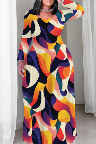 Orange Casual Graphcis Print O Neck Long Sleeve Floor Length Long Plus Size Loose Maxi Dresses