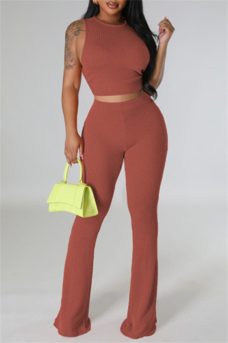 Light Brown Casual O Neck Sleeveless Tank Crop Tops And Pants Two Pieces Trouser Sets