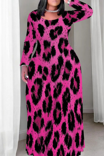 Pink Black Casual Graphcis Print O Neck Long Sleeve Floor Length Long Plus Size Loose Maxi Dresses