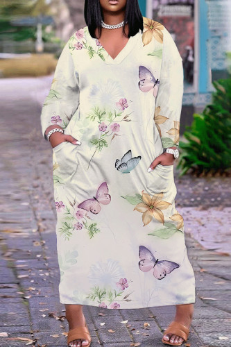 Beige Casual Butterfly Print V Neck Long Sleeve Casual Outings Vacation Straight Loose Tunic Maxi Dress