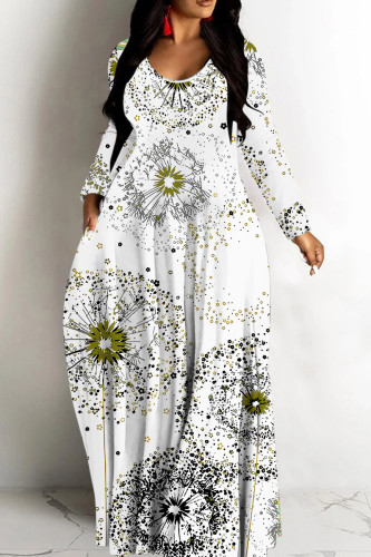 White Leopard Print V Neck Long Sleeve Fall Outings Vacation Straight Loose Maxi Dress