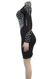 Black Hot Drill Zipper O Neck Long Sleeve Wrapped Skirt Formal Evening Party Bodycon Mini Dresses