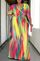 Colour Casual Colorblock Geometric Print V Neck 3/4 Sleeve Lace Up Plus Size Maxi Dresses