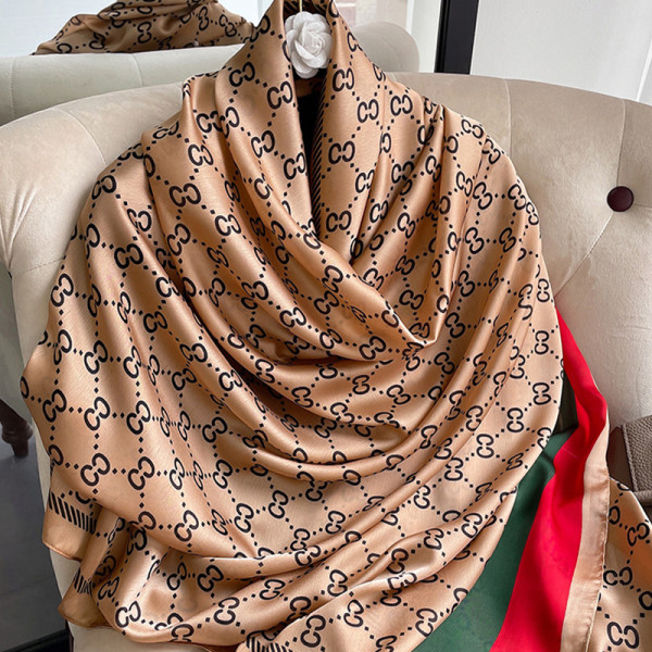 Brown Daily Letters Print Silk Head Scarf