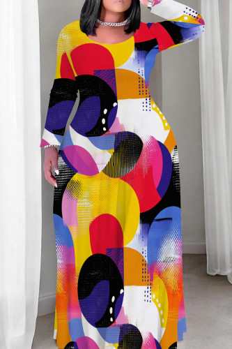 Yellow Red Casual Graphcis Print O Neck Long Sleeve Floor Length Long Plus Size Loose Maxi Dresses