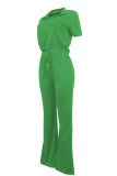 Green Casual Frenulum Zipper Collar Short Sleeve Crop Tops And Maxi Skirt Two Pieces Trouser Sets