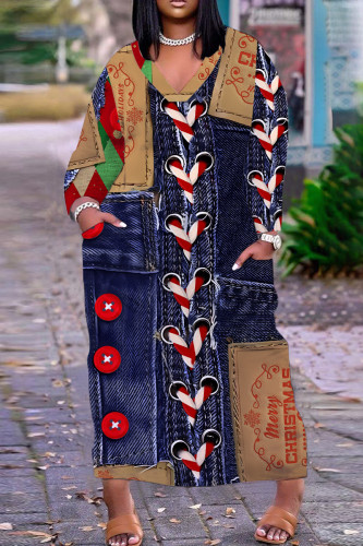 The cowboy blue Casual Faux Denim Print V Neck Long Sleeve Casual Outings Vacation Straight Loose Tunic Maxi Dress