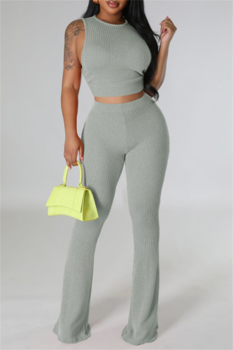 Light Green Casual O Neck Sleeveless Tank Crop Tops And Pants Two Pieces Trouser Sets