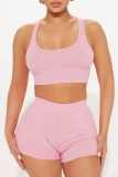 Pink Casual U Neck Sleeveless Tank Crop Tops And Shorts Sportswear Two Pieces Shorts Sets