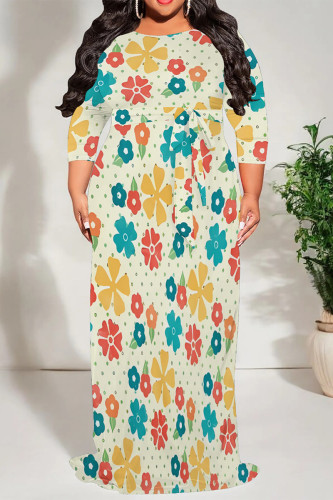 Cream White Casual Floral Print O Neck 3/4 Sleeve Lace Up Floor Length Maxi Dresses