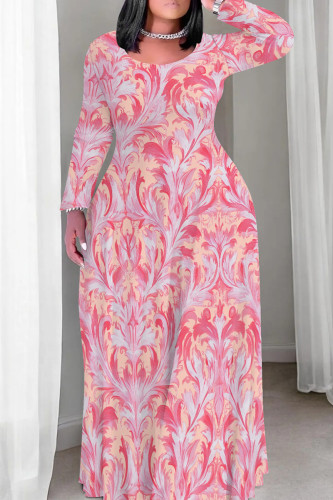 Pink Casual Graphcis Print O Neck Long Sleeve Floor Length Long Plus Size Loose Maxi Dresses