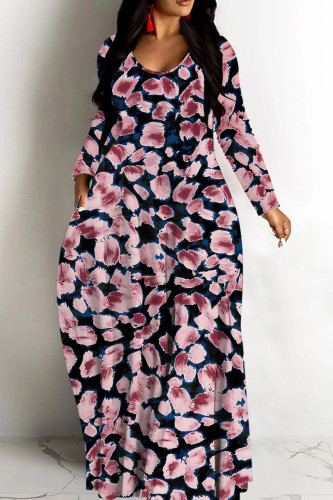 Tibetan Blue Leopard Print V Neck Long Sleeve Fall Outings Vacation Straight Loose Maxi Dress