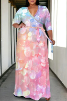 Pink Casual Colorblock Geometric Print V Neck 3/4 Sleeve Lace Up Plus Size Maxi Dresses