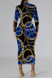 Red Casual Chain Print O Neck Long Sleeve Bodycon Maxi Dresses