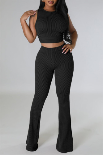 Black Casual O Neck Sleeveless Tank Crop Tops And Pants Two Pieces Trouser Sets