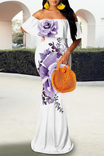 White Purple Floral Print Dropped Shoulder Cinch Waist Mermaid Hem One Step Skirt Formal Party Evening Vacation Bodycon Maxi Dress
