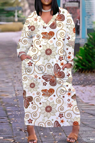 Multicolor Casual Butterfly Print V Neck Long Sleeve Casual Outings Vacation Straight Loose Tunic Maxi Dress