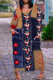 Dark Blue Casual Faux Denim Print V Neck Long Sleeve Casual Outings Vacation Straight Loose Tunic Maxi Dress
