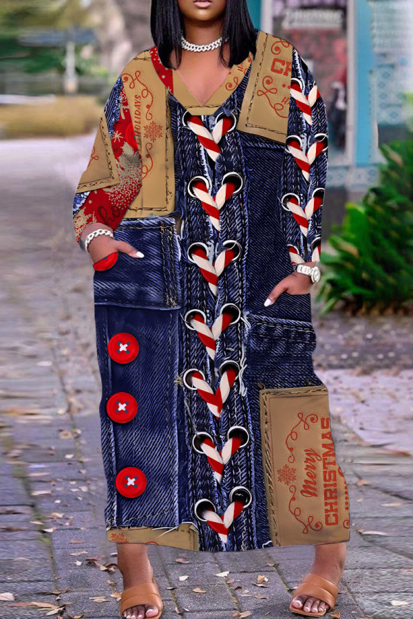 Dark Blue Casual Faux Denim Print V Neck Long Sleeve Casual Outings Vacation Straight Loose Tunic Maxi Dress