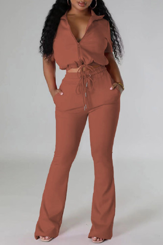 Light Brown Casual Frenulum Zipper Collar Short Sleeve Crop Tops And Maxi Skirt Two Pieces Trouser Sets