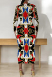 Red Casual Chain Print O Neck Long Sleeve Bodycon Maxi Dresses