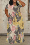 Fluorescent Yellow Casual Floral Print V Neck Short Sleeve Floor Length Straignt T Shirt Maxi Dresses