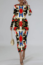 Red Blue Casual Chain Print O Neck Long Sleeve Bodycon Maxi Dresses