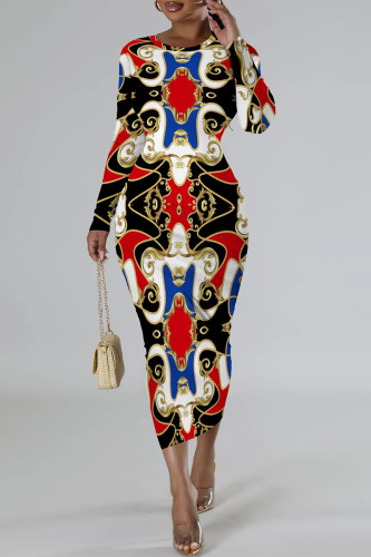 Red Blue Casual Chain Print O Neck Long Sleeve Bodycon Maxi Dresses