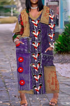 Purple Casual Faux Denim Print V Neck Long Sleeve Casual Outings Vacation Straight Loose Tunic Maxi Dress