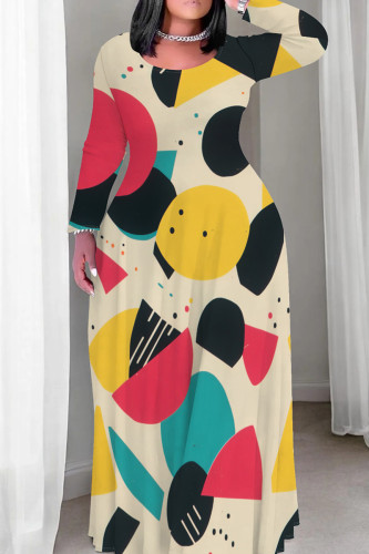 Light Khaki Casual Graphcis Print O Neck Long Sleeve Floor Length Long Plus Size Loose Maxi Dresses