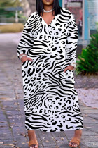 Black And White Casual Graphcis Print Pocket V Neck Long Sleeve Long Plus Size Maxi Dresses