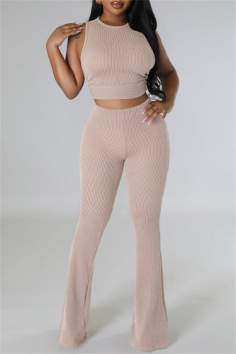 Khaki Casual O Neck Sleeveless Tank Crop Tops And Pants Two Pieces Trouser Sets