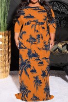 Dark Orange Casual Print Patchwork O Neck Long Plus Size Dresses