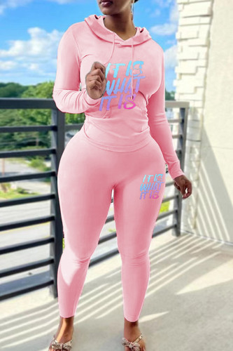 Pink Casual Letter Print Draw String Hooded Long Sleeve Sweatshirt And Pants Sportwear Two Pieces Jogger Sets