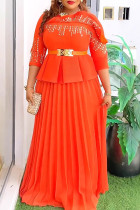 Orange Elegant Solid Color Patchwork Hot Drill O Neck Long Plus Size Dresses