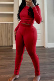 Red Casual O Neck Long Sleeve Crop Tops And Pants Two Pieces Trouser Sets