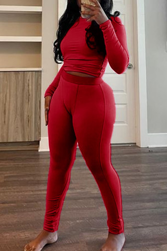 Red Casual O Neck Long Sleeve Crop Tops And Pants Two Pieces Trouser Sets