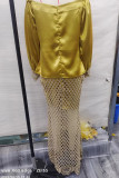 Golden Yellow Lace Flower Print Off Shoulder Puffle Sleeve Long Formal Evening Party Maxi Dresses