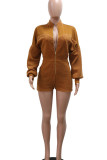 Ink Green Casual Zipper Collar Long Sleeve Fluffy Fleece Rompers