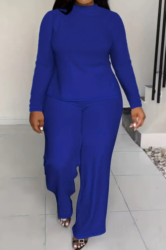 Blue Casual O Neck Long Sleeve Blouse And Wide Leg Pants Vacation Plus Size Two Pieces Trouser Sets