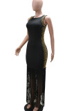 Black Hot Drill Sleeveless Fringed Trim Zipper O Neck Long Formal Party Evening Bodycon Maxi Dresses