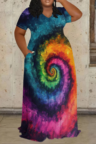 Colour Casual Print Patchwork O Neck Long Plus Size Dresses