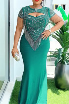 Green Hot Drill Zipper O Neck Short Sleeve Mermaid Hem Fringed Trim Hollow Out Long Formal Evening Party Plus Size Bodycon Maxi Dresses