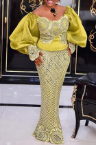 Golden Yellow Lace Flower Print Off Shoulder Puffle Sleeve Long Formal Evening Party Maxi Dresses