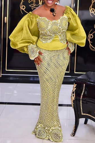 Golden Yellow Lace Flower Print Off Shoulder Puffle Sleeve Long Formal Evening Party Maxi Dresses